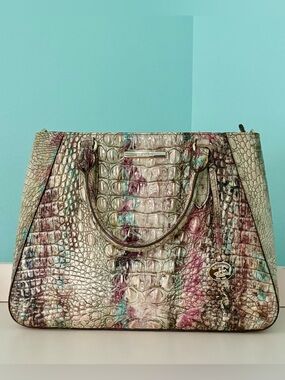 Brahmin Amethyst Small Irene Croc-Embossed Leather Tote in Cream, Pink & Teal